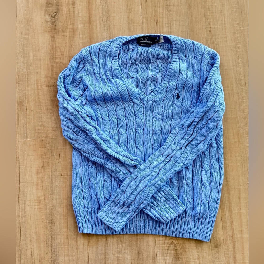 polo ralph lauren cable-knit cotton v-neck sweater, size medium - Picture 3 of 6